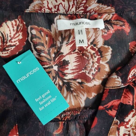 Maurices Women’s Floral Sheer Blouse Size M Brown Red 3/4 Sleeve NWT - Picture 9 of 10